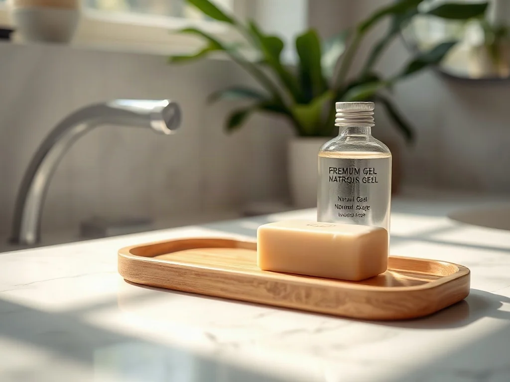 Elegancka kostka naturalnego mydła na drewnianej podstawce obok butelki żelu pod prysznic w jasnej, minimalistycznej łazience.