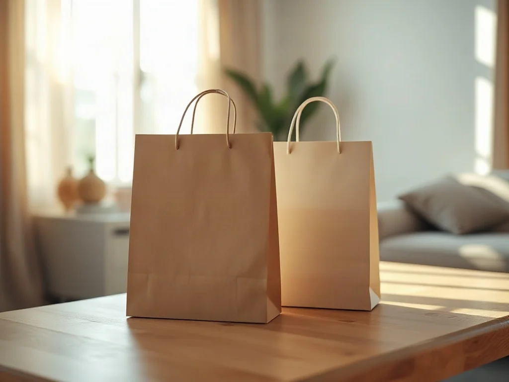 Dwie torby zakupowe na drewnianym stole, symbolizujące wybór między produktami budżetowymi a markowymi.