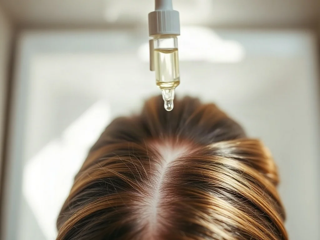 Dłoń z pipetą aplikuje serum na przedziałek skóry głowy, prezentując poprawny sposób nakładania wcierki.