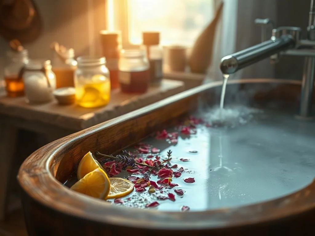 Drewniana wanna wypełniona wodą z płatkami róż, lawendą i cytryną, tworząca relaksującą atmosferę domowego spa.