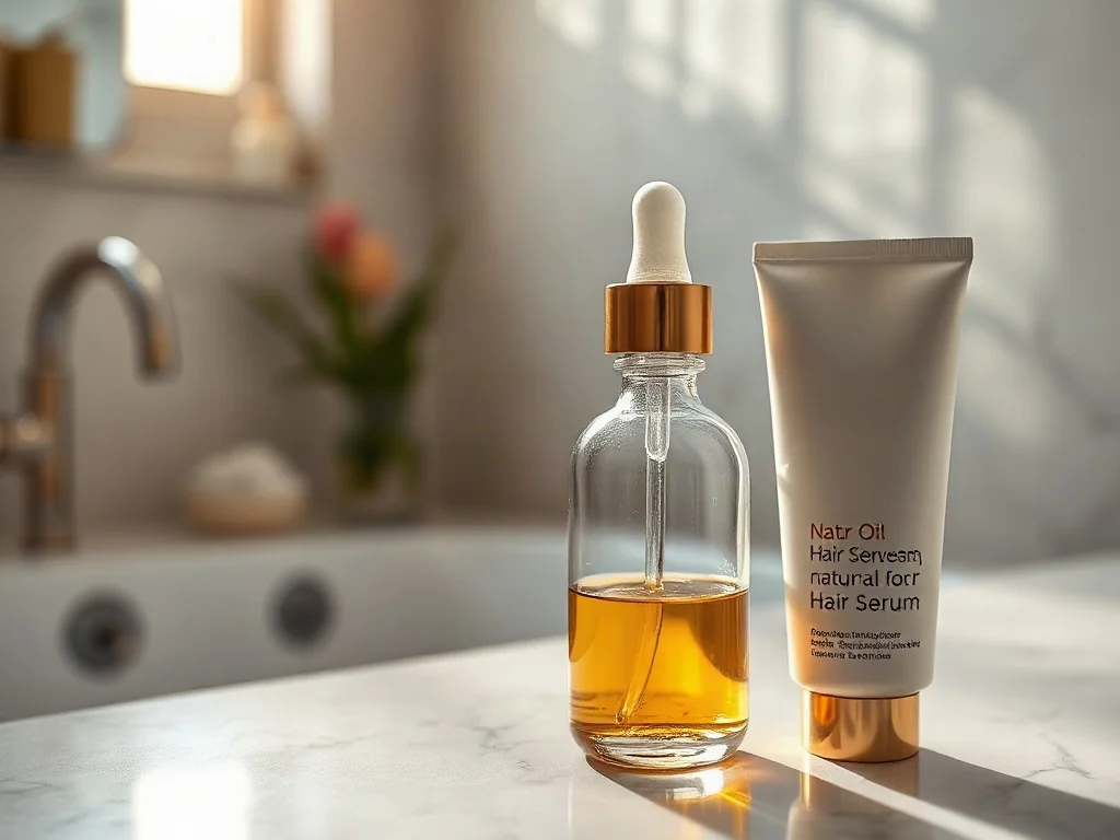 Szklana butelka z olejkiem oraz tubka serum do włosów na marmurowym blacie w jasnej, minimalistycznej łazience.