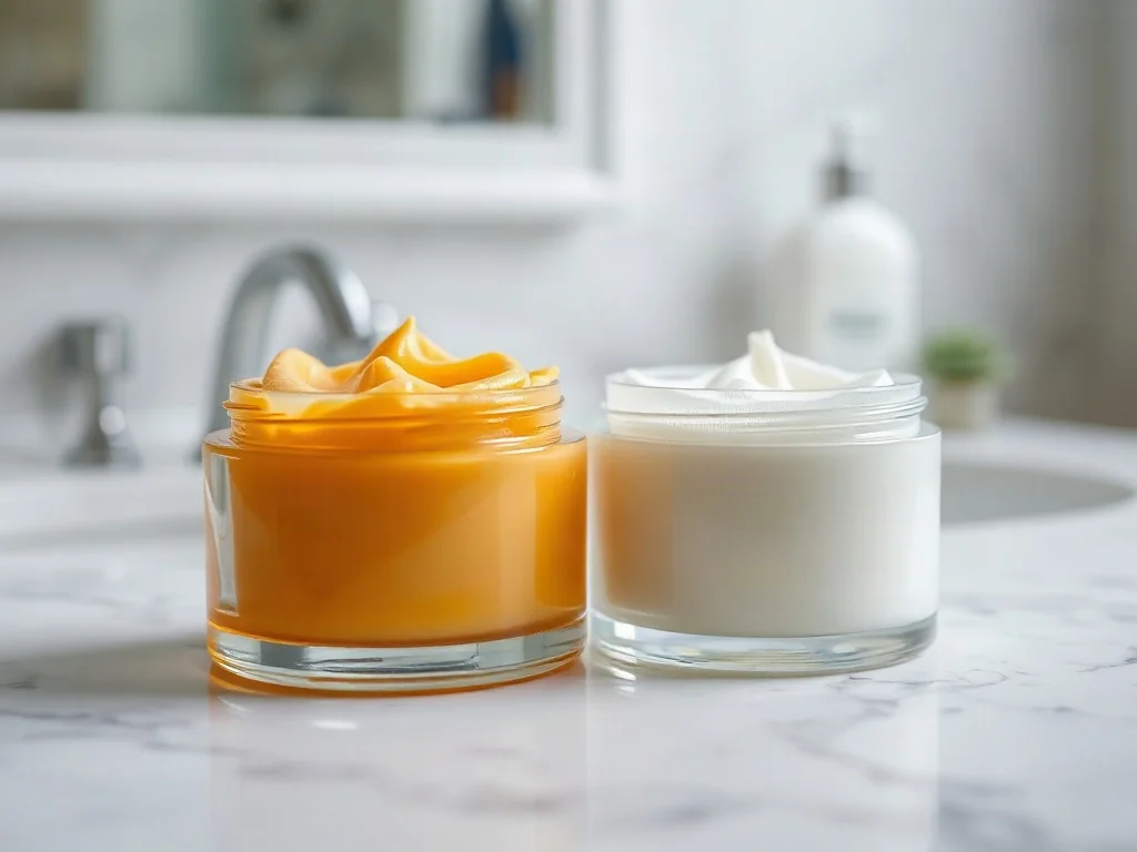 Dwa słoiczki z kremami na marmurowym blacie, prezentujące zestawienie naturalnej pielęgnacji z produktami klinicznymi.