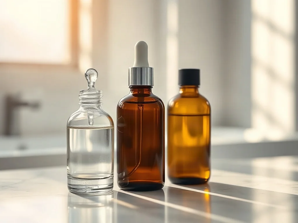 Dwie eleganckie butelki z serum na marmurowym blacie, prezentujące produkty do profesjonalnej pielęgnacji skóry.