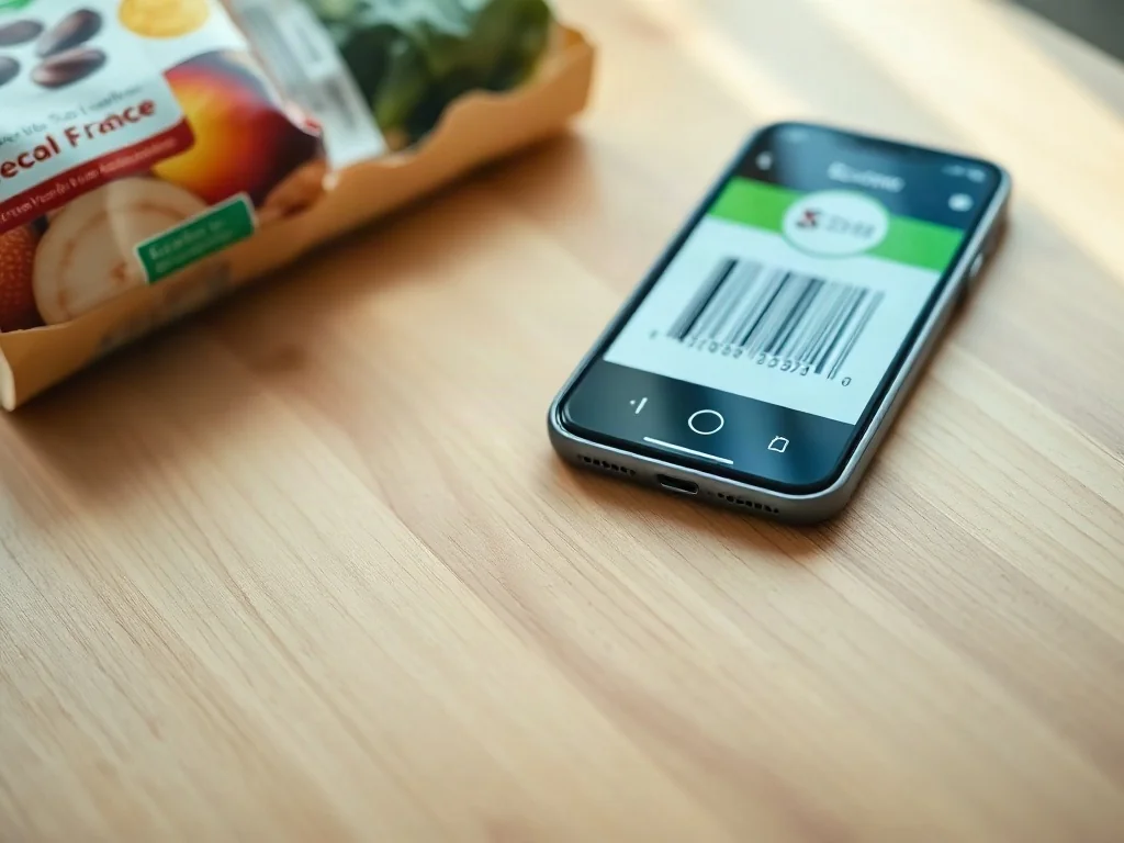Smartfon z otwartą aplikacją do skanowania kodu kreskowego produktu spożywczego na drewnianym stole.