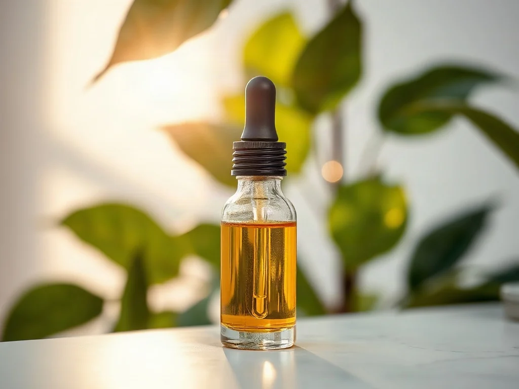 Złote serum w szklanej butelce na marmurowym blacie, symbolizujące profesjonalną pielęgnację przeciwstarzeniową.