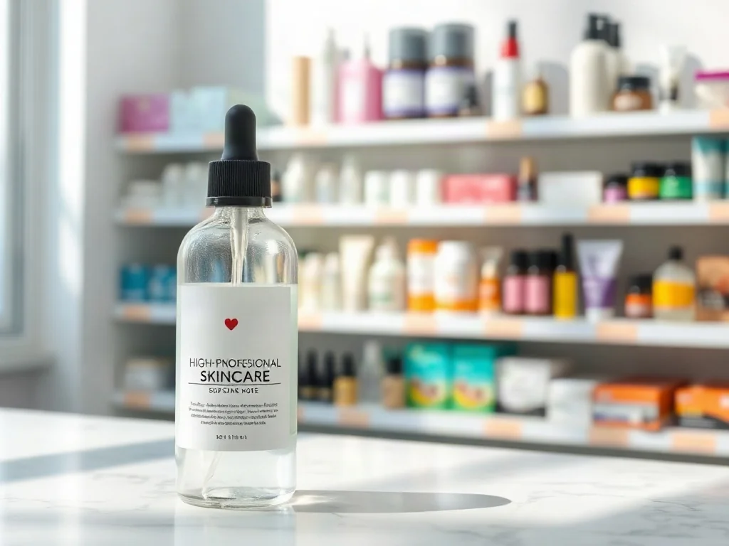 Profesjonalny kosmetyk na marmurowym blacie w kontraście do rozmytych produktów drogeryjnych w tle.