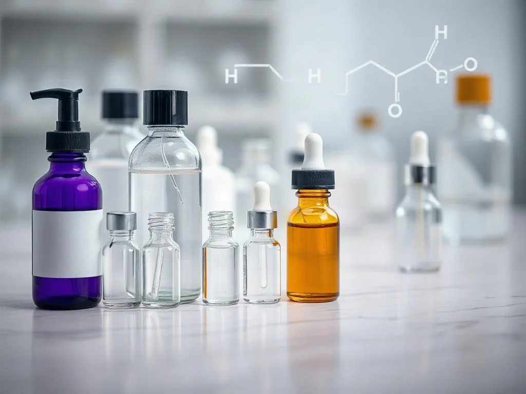 Szklane buteleczki z serum kosmetycznym na marmurowym blacie w profesjonalnym laboratorium.