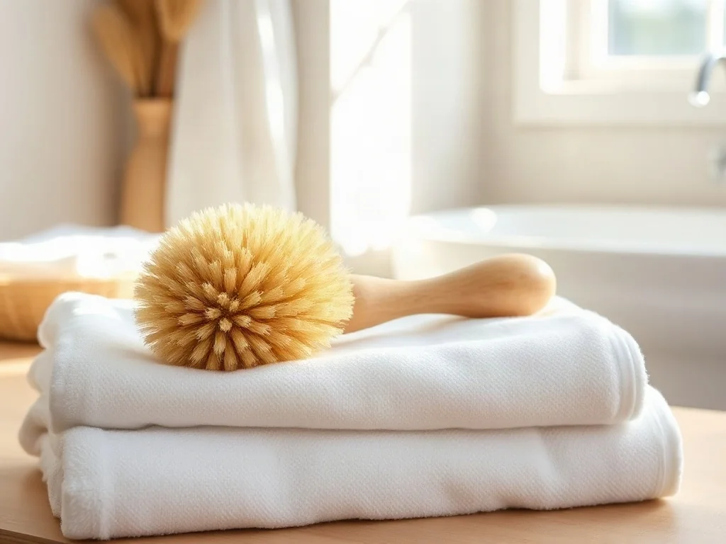 Drewniana szczotka z naturalnym włosiem leżąca na białym lnianym ręczniku w jasnej, minimalistycznej łazience.