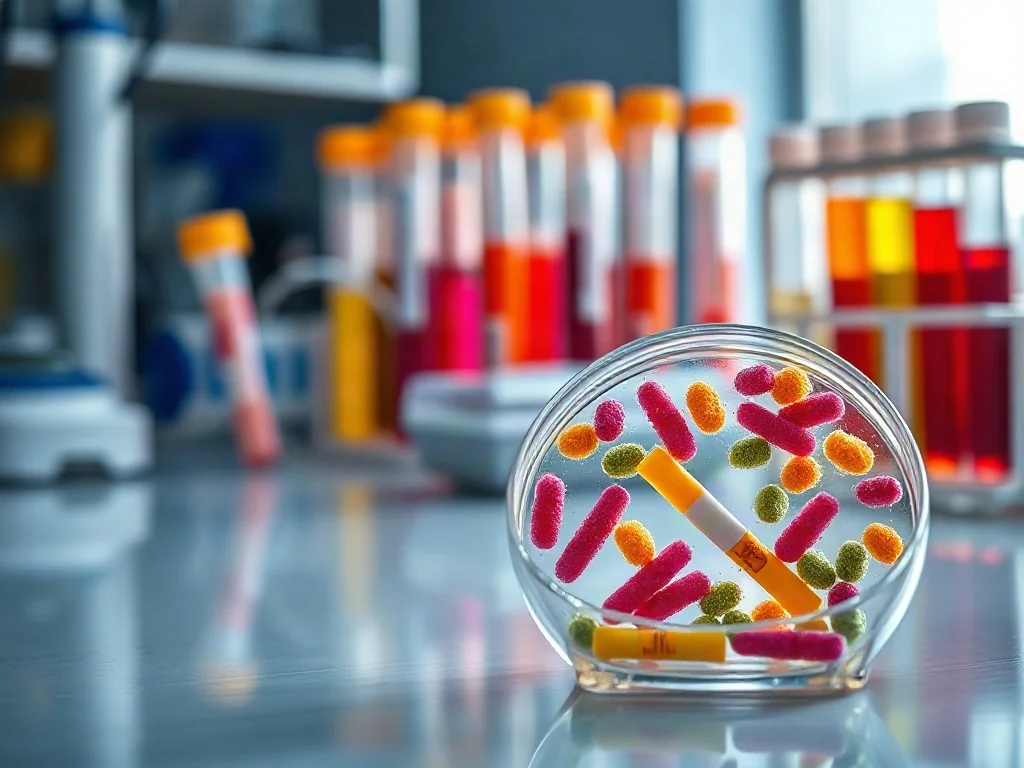 Szalka Petriego z próbkami alergenów na stole laboratoryjnym w tle z probówkami krwi, ilustrująca diagnostykę alergii.