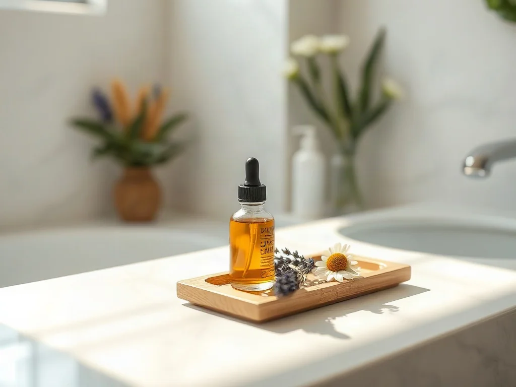 Szklana butelka serum z naturalnymi składnikami roślinnymi na minimalistycznym blacie w łazience w stylu spa.