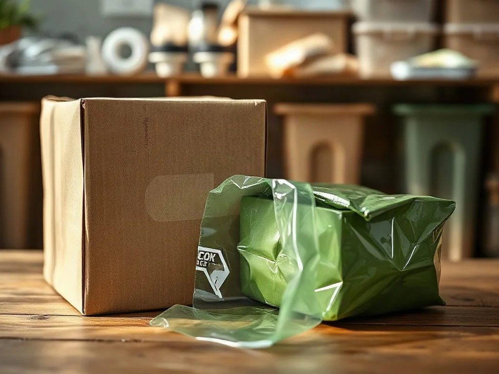 Porównanie brązowego kartonu z recyklingu oraz biodegradowalnej folii z kukurydzy na drewnianym stole.