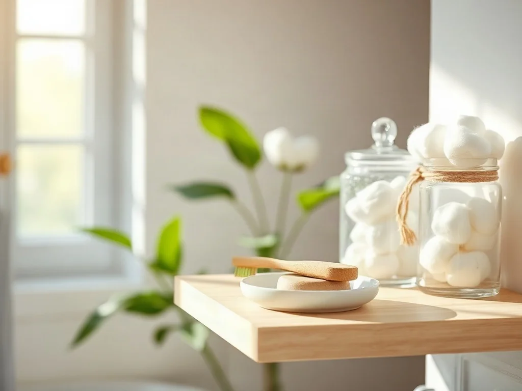 Ekologiczne akcesoria łazienkowe, takie jak bambusowa szczoteczka i szampon w kostce, na drewnianej półce w stylu zero waste.