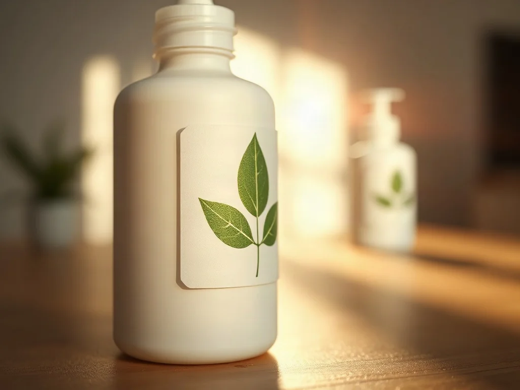 Zbliżenie na etykietę kosmetyku z symbolem zielonego liścia, podkreślające naturalny i ekologiczny charakter produktu.