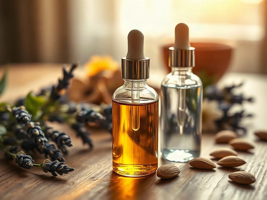 Szklane buteleczki z olejkiem i serum na drewnianym stole w otoczeniu naturalnych składników roślinnych.