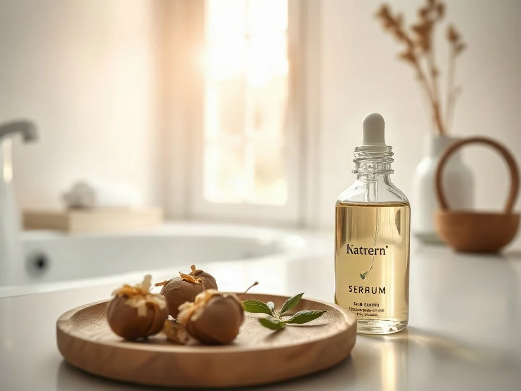 Szklana buteleczka naturalnego serum obok roślinnych składników na minimalistycznej toaletce w słonecznej łazience.