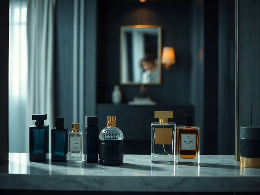 Eleganckie flakony perfum ustawione na marmurowej półce w zacienionym, chłodnym wnętrzu, chroniące zapach przed światłem.