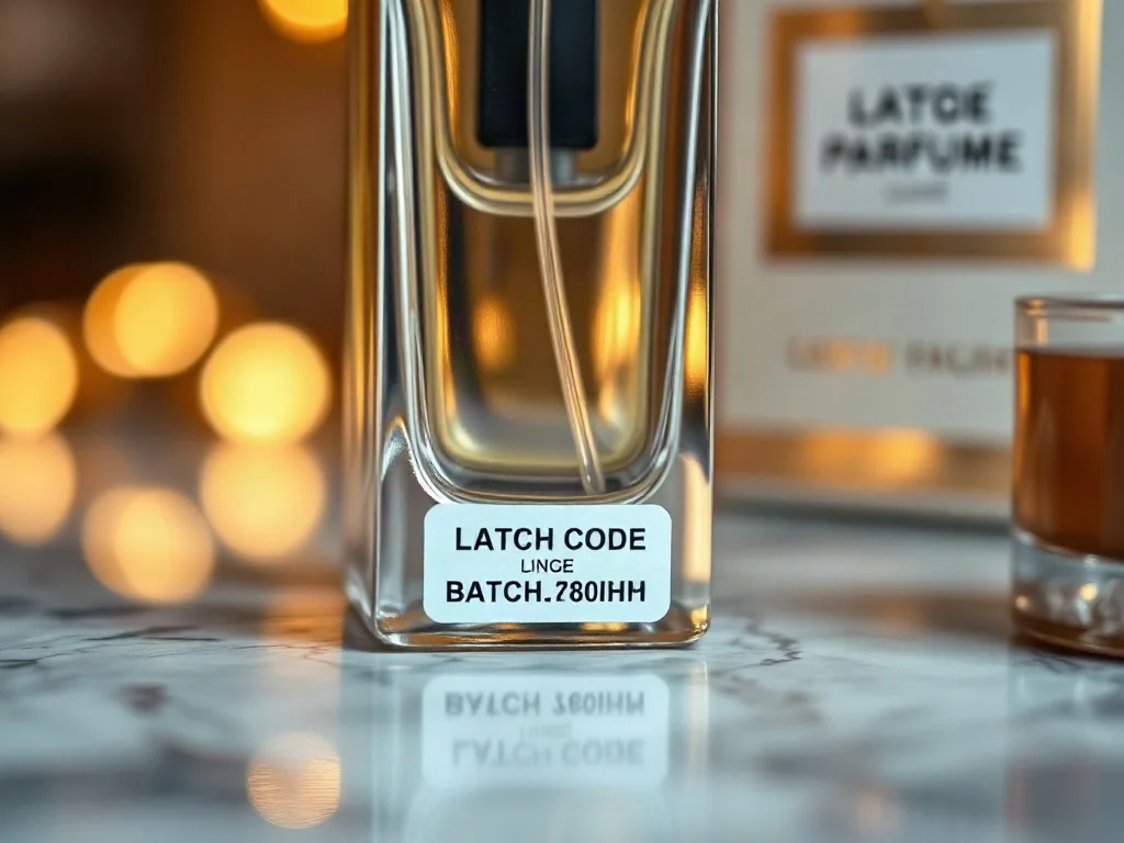 Zbliżenie na dno luksusowego flakonu perfum z widocznym kodem partii, umieszczone na marmurowym blacie w ciepłym świetle.
