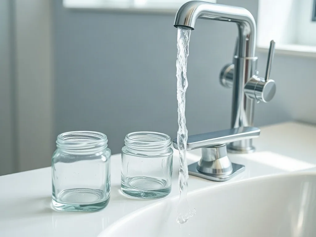 Puste słoiczki po kosmetykach płukane pod strumieniem wody w jasnej łazience, przygotowywane do recyklingu.