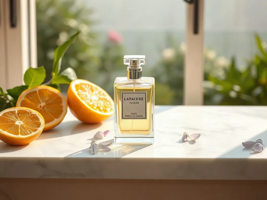 Elegancki flakon perfum na marmurowym blacie w otoczeniu cytrusów i płatków jaśminu, podkreślający letni charakter zapachu.