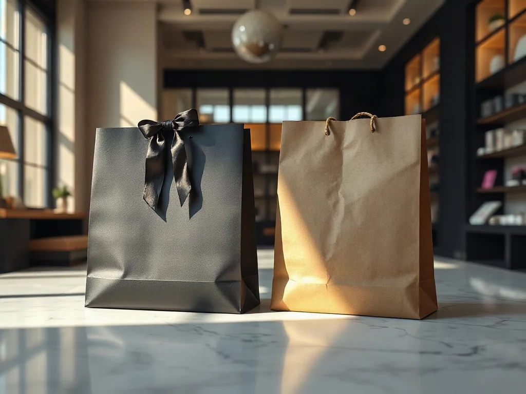 Elegancka czarna torba zestawiona z papierową torebką na marmurowym blacie, symbolizująca wybór między marką luksusową a budżetową.