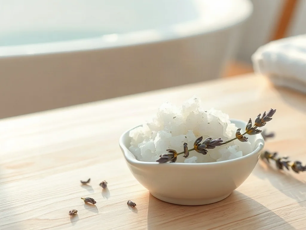 Kryształki soli mineralnej z suszoną lawendą w ceramicznej miseczce na tle parującej wanny, tworzące atmosferę domowego spa.