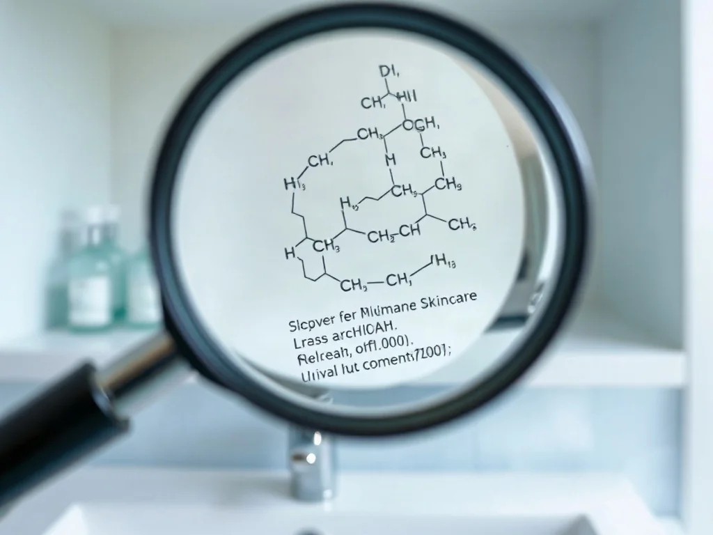 Lupa powiększająca etykietę kosmetyku, ukazująca strukturę chemiczną składników w profesjonalnym, laboratoryjnym stylu.