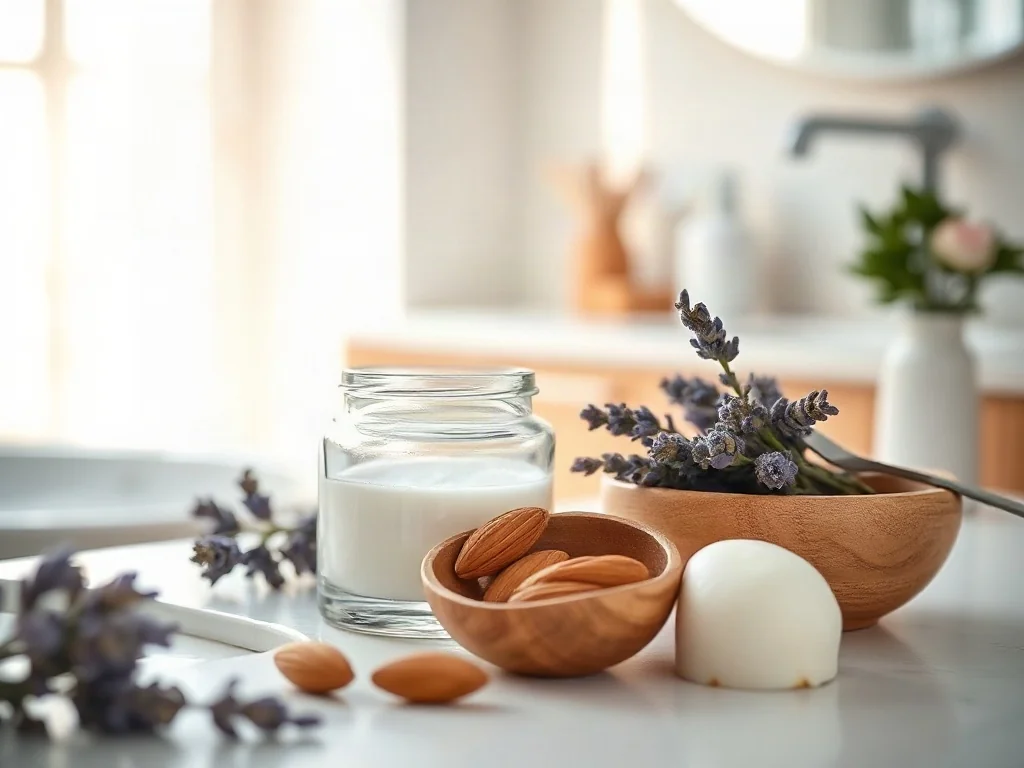 Elegancki słoiczek kremu obok naturalnych składników, takich jak lawenda i masło shea, w słonecznej łazience.