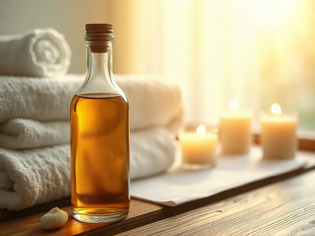 Szklana butelka z olejkiem do masażu na drewnianym stole w otoczeniu świec i ręczników, tworząca relaksującą atmosferę spa.