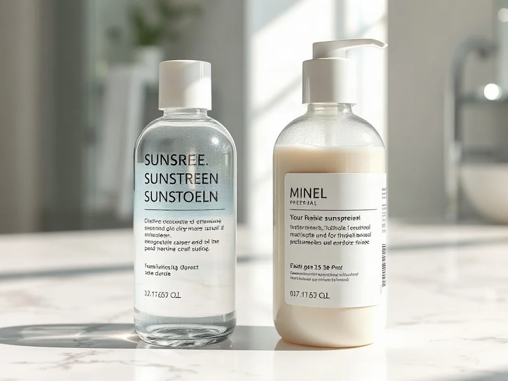 Dwie buteleczki z filtrami mineralnymi i chemicznymi na marmurowym blacie, prezentujące różnice w konsystencji produktów.