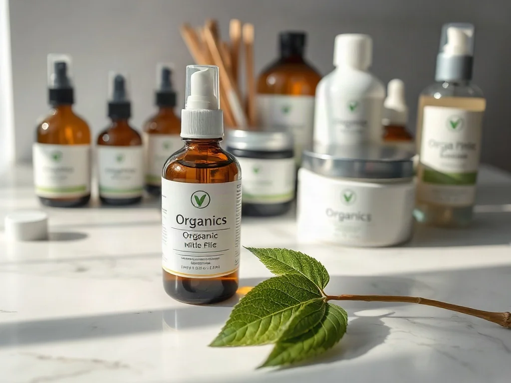 Kosmetyki naturalne z widocznym symbolem wegańskim na marmurowym blacie, podkreślające ekologiczny charakter produktów.