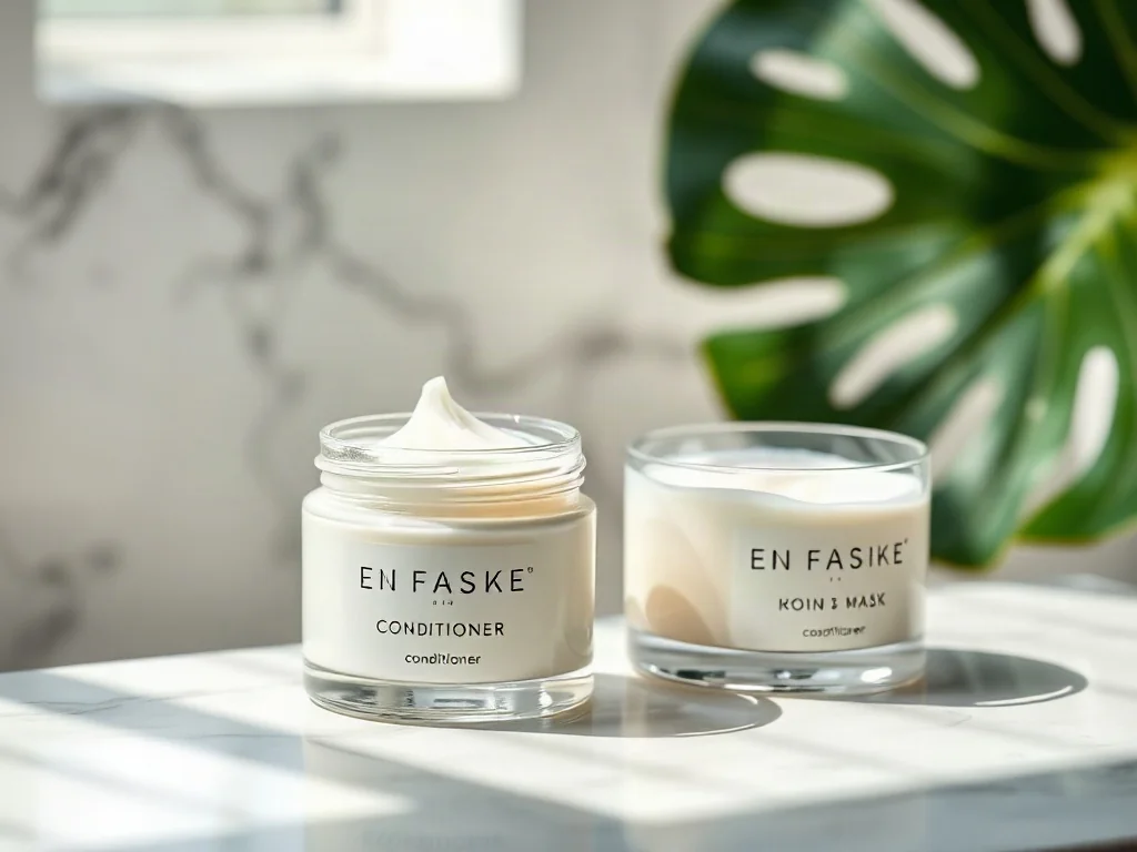 Dwa szklane słoiczki z odżywką i maską do włosów na marmurowym blacie, podkreślające różnice w konsystencji produktów.