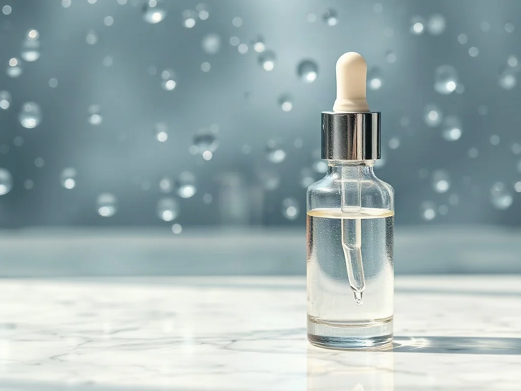 Szklana buteleczka z serum nawilżającym na marmurowym blacie, podkreślająca lekkość i profesjonalną pielęgnację skóry.