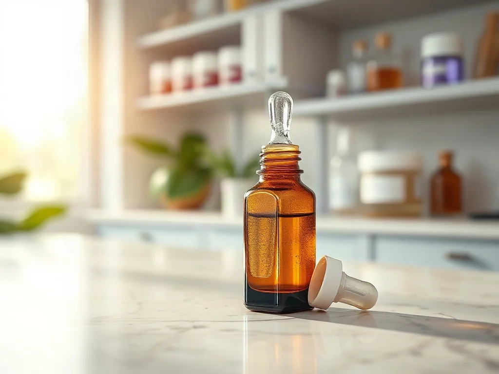 Szklana buteleczka z serum na marmurowym blacie w otoczeniu laboratoryjnym, podkreślająca profesjonalny charakter pielęgnacji.