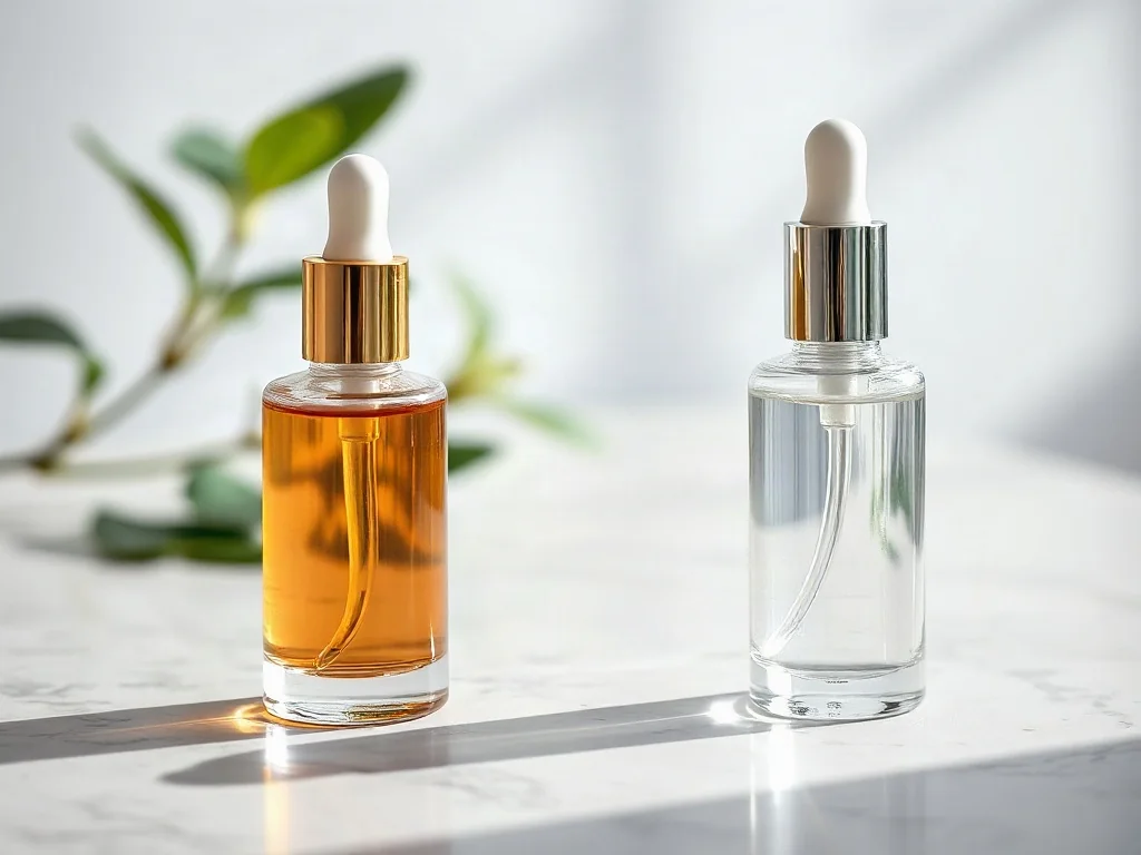 Dwie buteleczki serum na marmurowym blacie: jedna z miedzianym płynem, druga z przezroczystą formułą do pielęgnacji skóry.