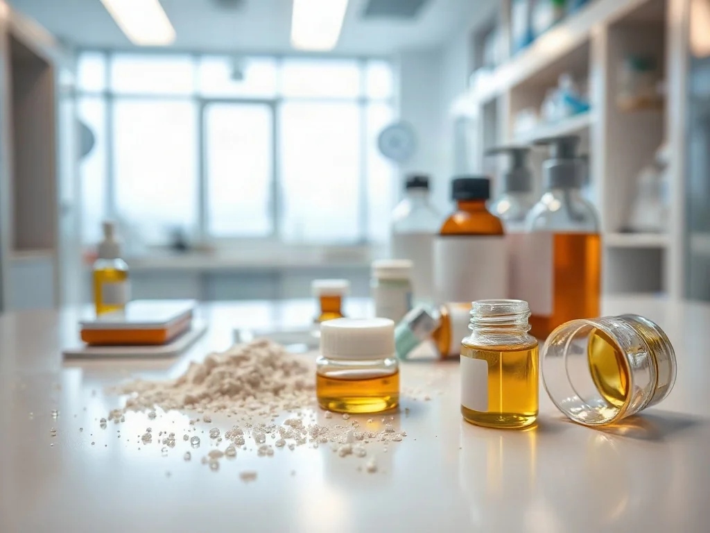 Zbliżenie na surowe składniki kosmetyczne i fiolki w laboratorium, ilustrujące temat analizy substancji chemicznych w produktach.