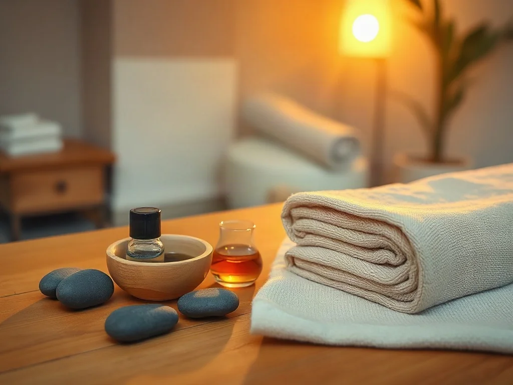 Stół do masażu z kamieniami, olejkami eterycznymi i ręcznikiem, tworzące relaksującą atmosferę w gabinecie spa.