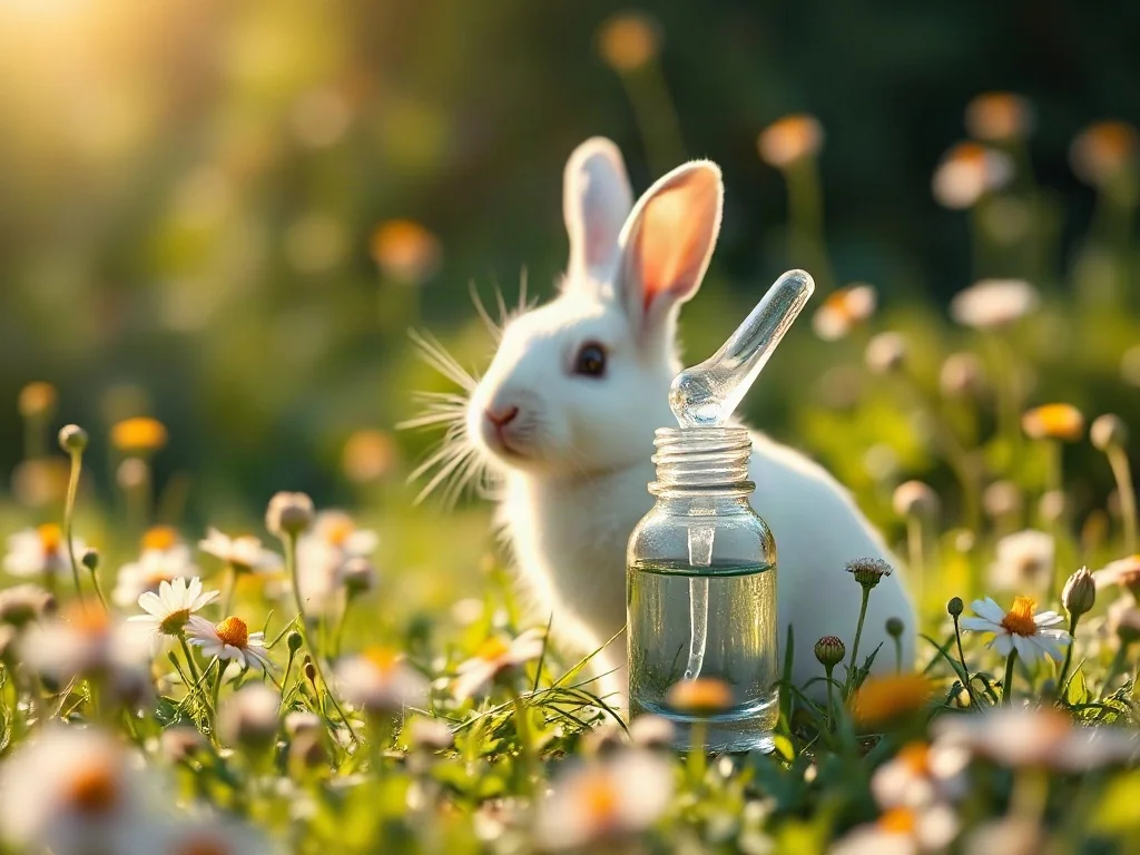 Biały królik na łące obok naturalnego serum, symbolizujący etyczne podejście do produkcji kosmetyków cruelty-free.