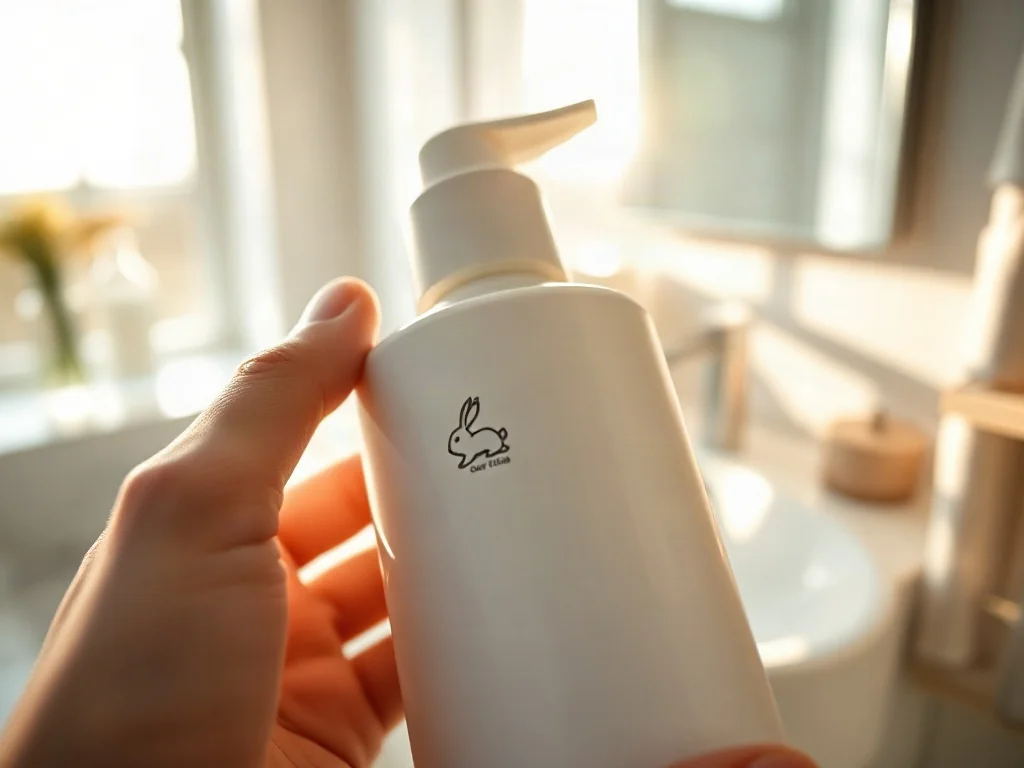Dłonie trzymające kosmetyk z wyraźnym symbolem „cruelty-free” na etykiecie, w tle rozmyta, minimalistyczna łazienka.