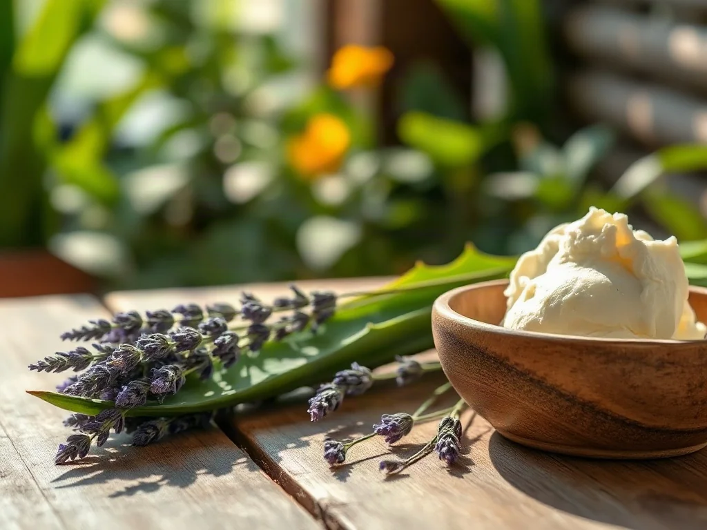 Świeże składniki kosmetyków naturalnych: aloes, lawenda i masło shea na drewnianym stole w świetle poranka.