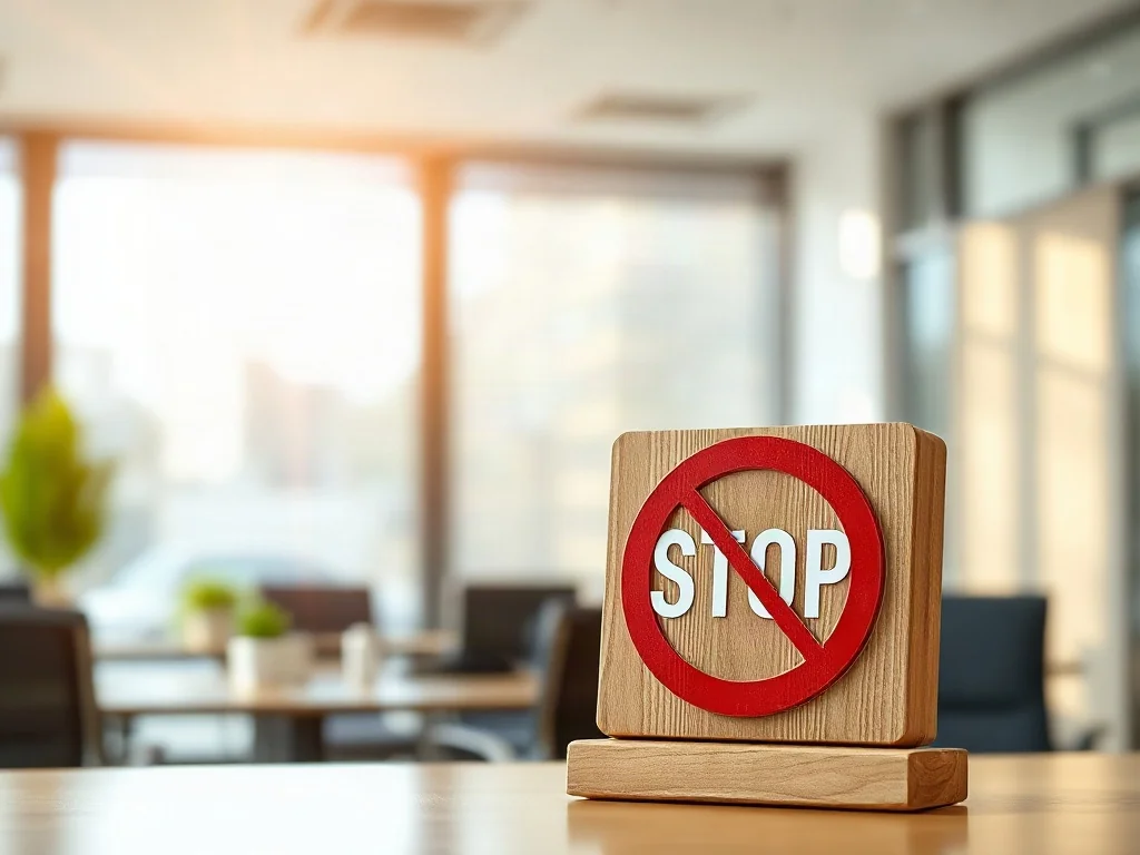 Znak STOP na biurku symbolizujący zakazane praktyki marketingowe i ograniczenia w reklamie.