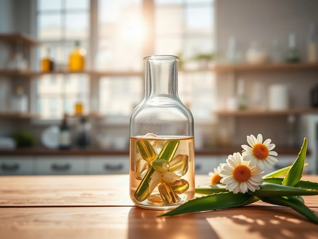 Szklana zlewka z naturalnymi składnikami kosmetycznymi, takimi jak aloes i rumianek, na laboratoryjnym stole.