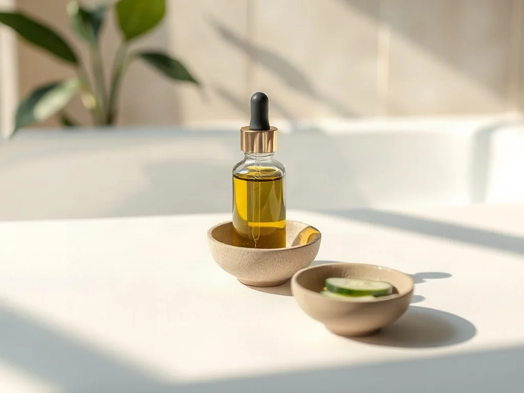 Szklana buteleczka serum i plasterki ogórka na białym tle, ilustrujące minimalistyczną pielęgnację skóry.