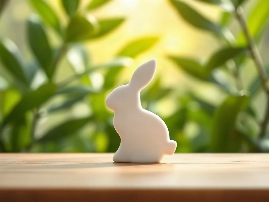 Biała ceramiczna figurka królika na drewnianym tle, symbolizująca produkty nietestowane na zwierzętach.
