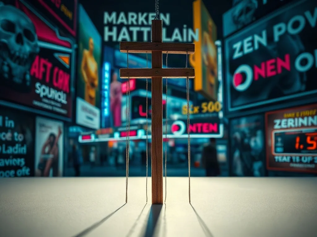 Drewniany krzyżak marionetki rzucający cień na tle rozmytych, agresywnych reklam, symbolizujący manipulację marketingową.