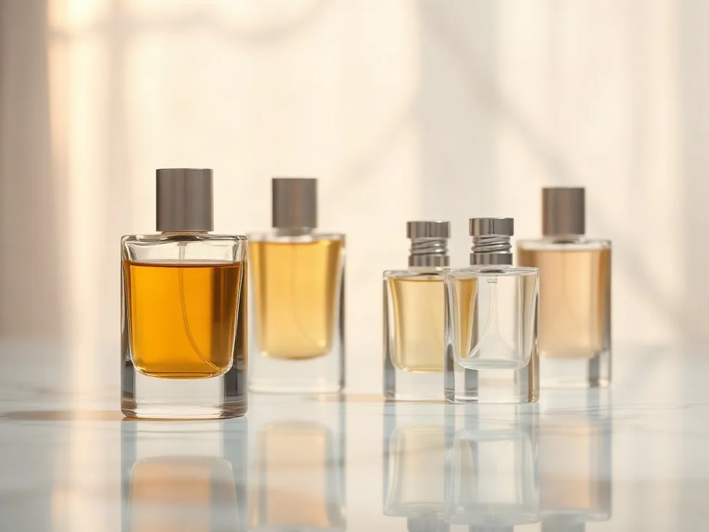 Eleganckie, minimalistyczne flakony perfum o różnych odcieniach płynu ustawione na marmurowym blacie w miękkim świetle.