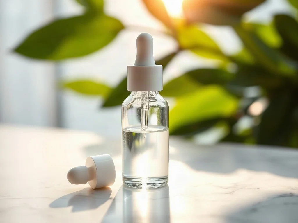 Szklana buteleczka z serum na marmurowym blacie w otoczeniu roślin, podkreślająca naturalny i kliniczny skład kosmetyku.
