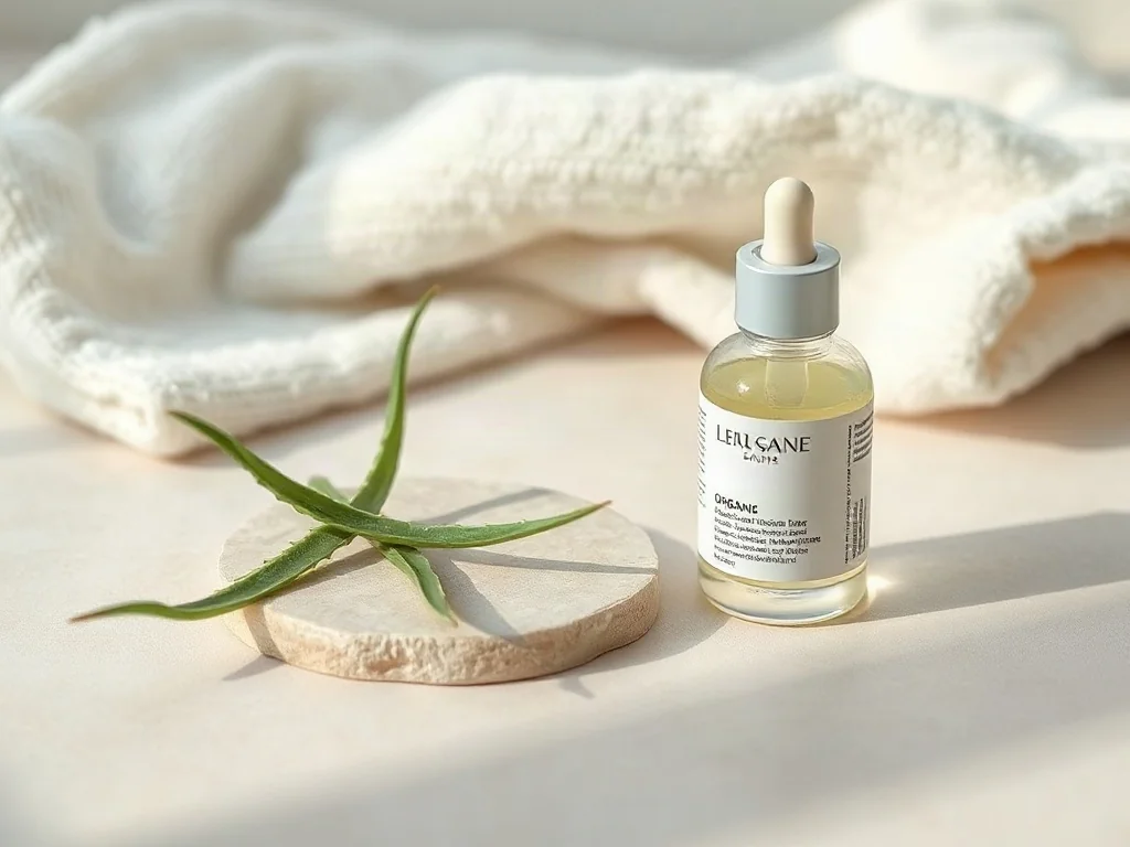 Delikatne serum organiczne i świeży aloes na jasnym kamiennym blacie, podkreślające naturalną pielęgnację skóry wrażliwej.