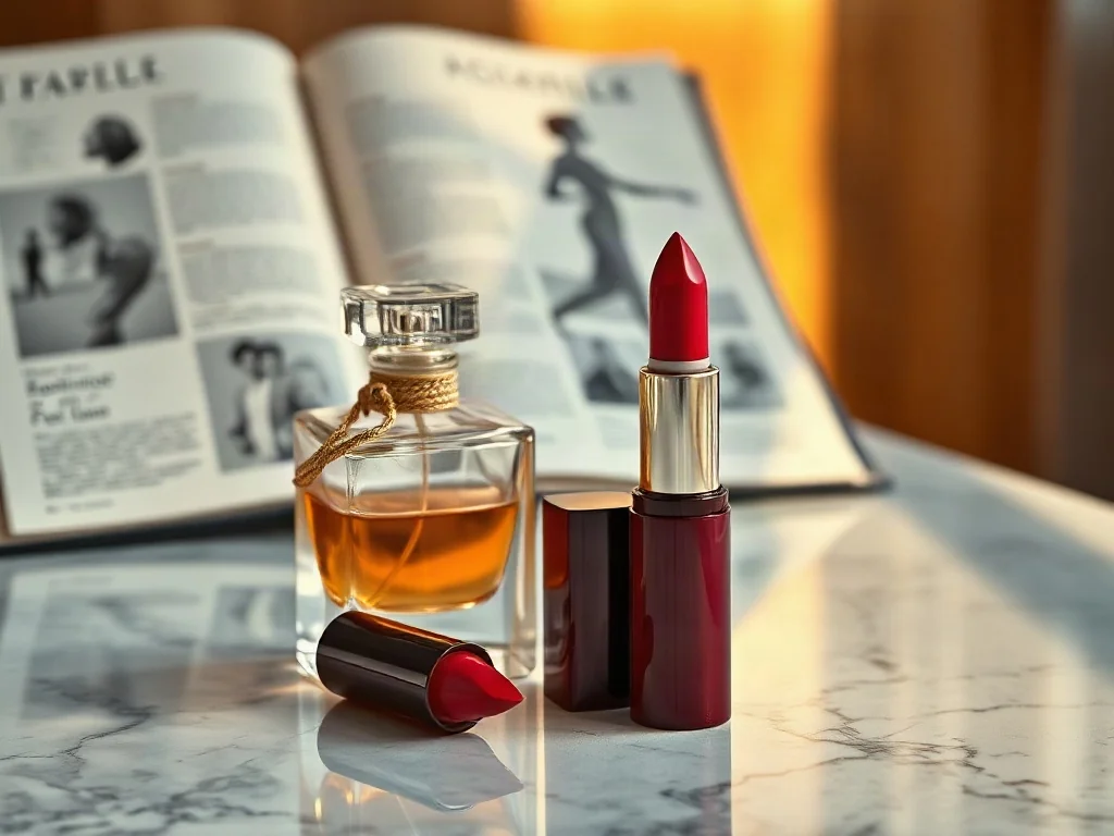 Klasyczna czerwona szminka i flakon perfum na marmurowym blacie, nawiązujące do estetyki mody lat 50.