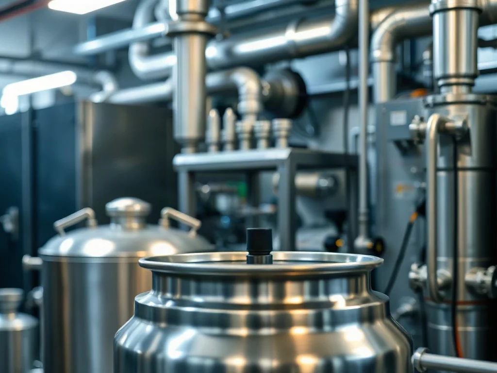 Przemysłowe laboratorium z kadzią do mieszania składników chemicznych, obrazujące proces produkcji kosmetyków.