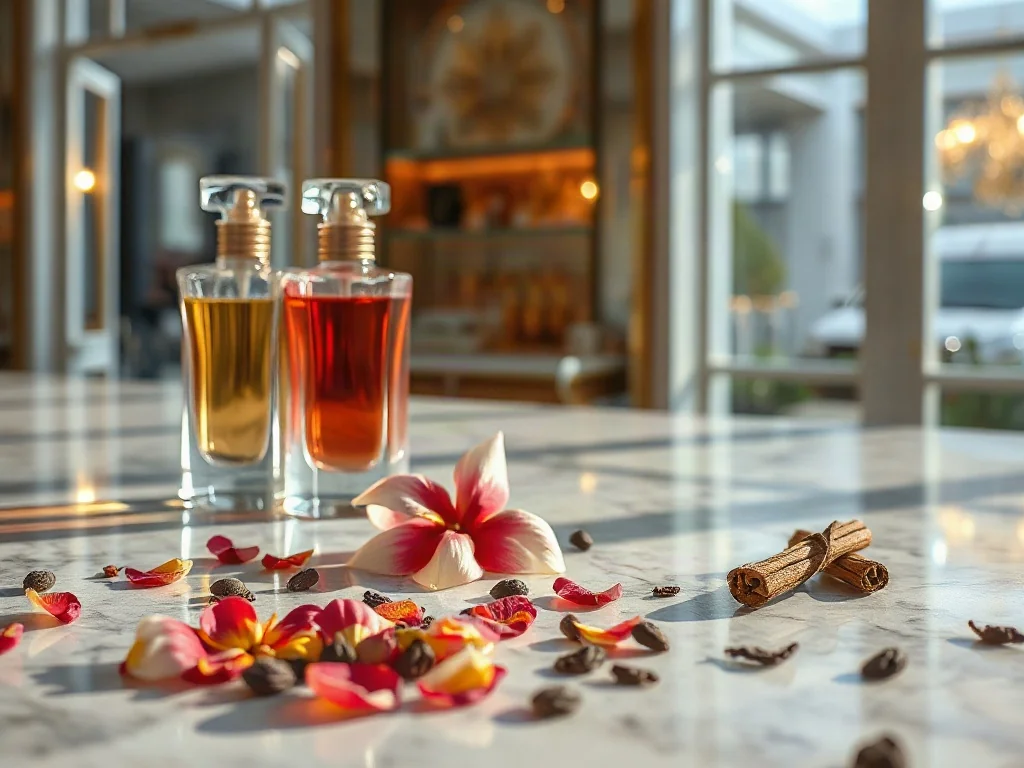Eleganckie flakony perfum w otoczeniu kwiatów i przypraw, ilustrujące składniki zapachowe użyte w kompozycjach perfumeryjnych.